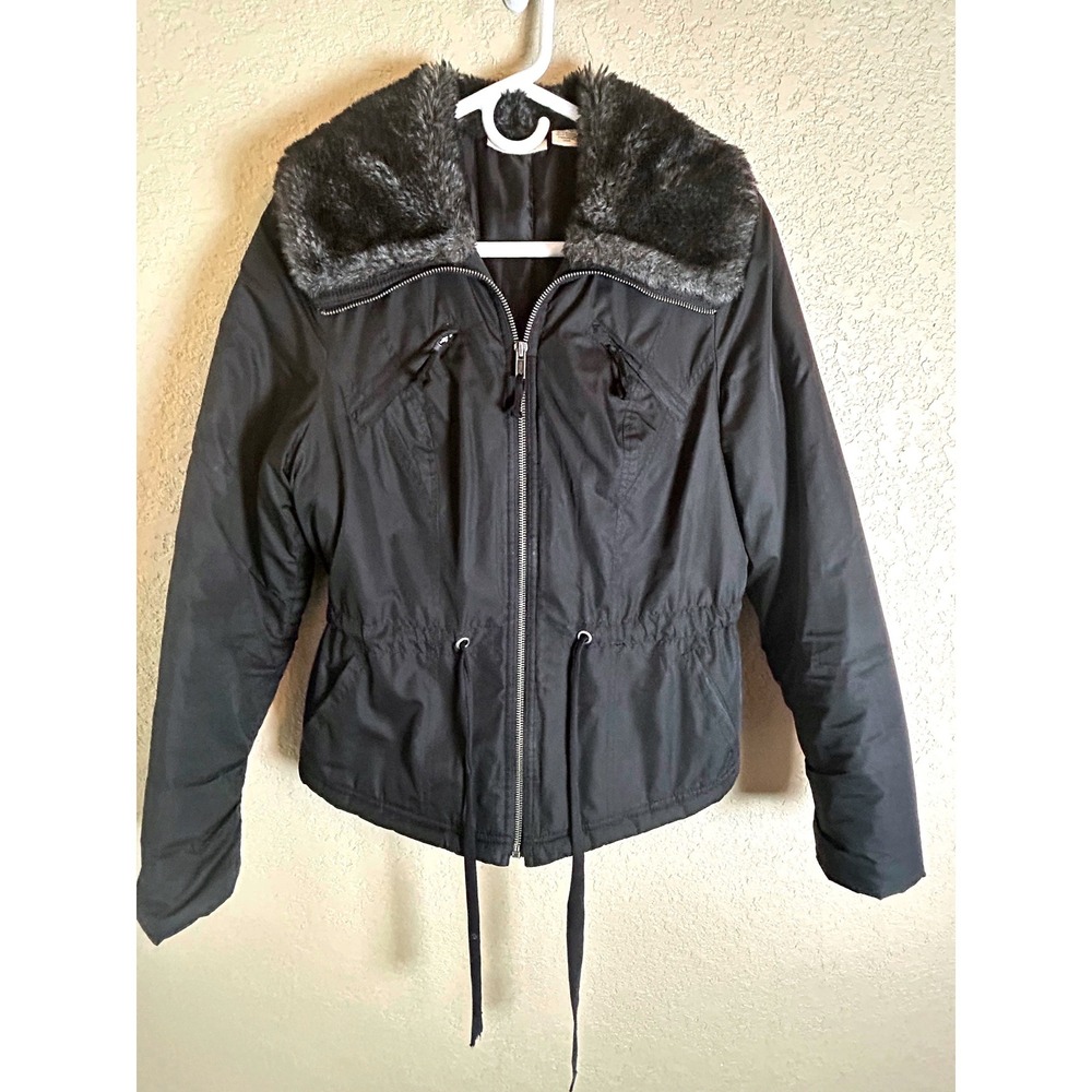 DKNY Jeans Puffer Jacket Women XS Black Faux Fur Collar Cinched Waist